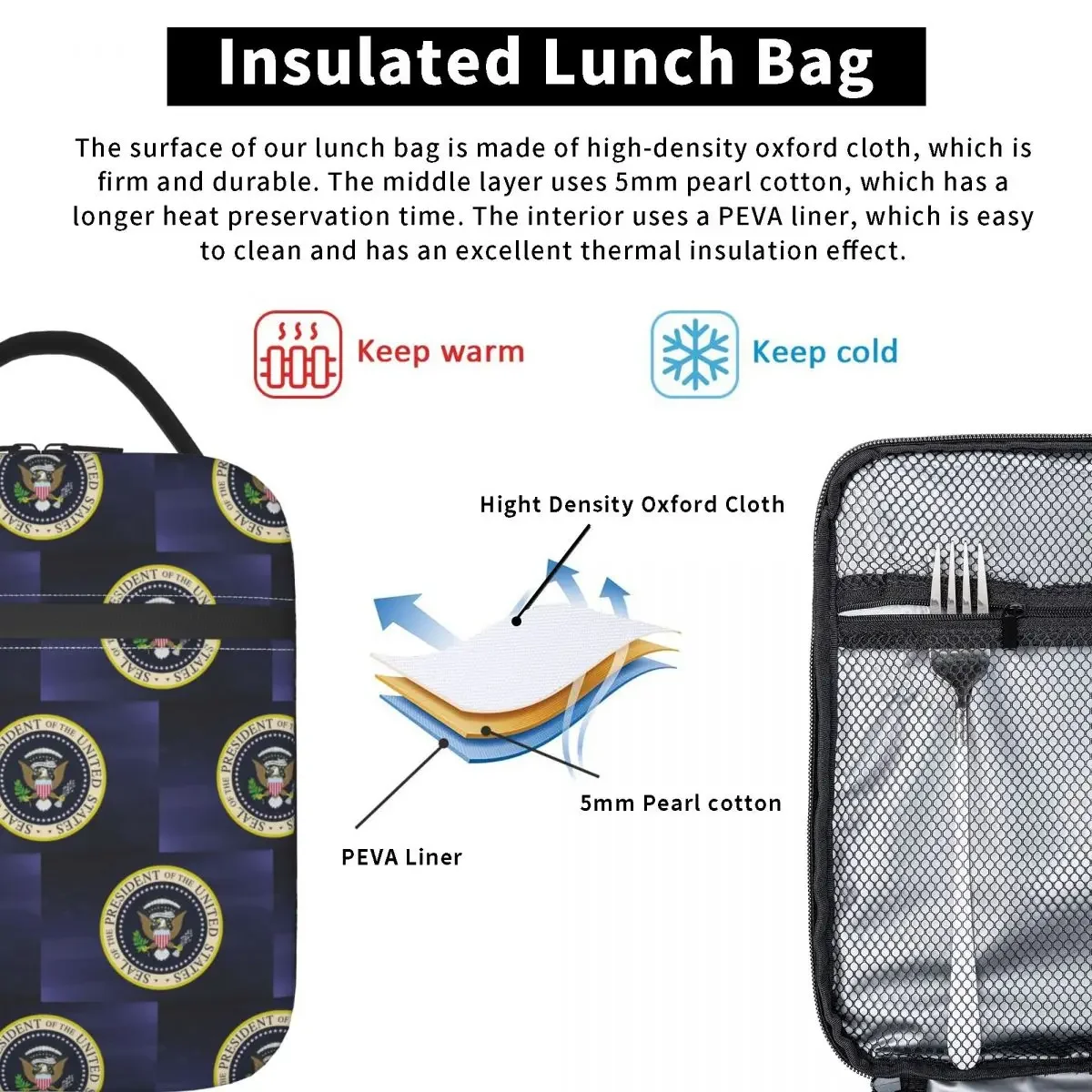 Seal Of The President Of The United States Insulated Lunch Bag for Women Kids Portable Food Boxes Thermal Lunch Box Tote