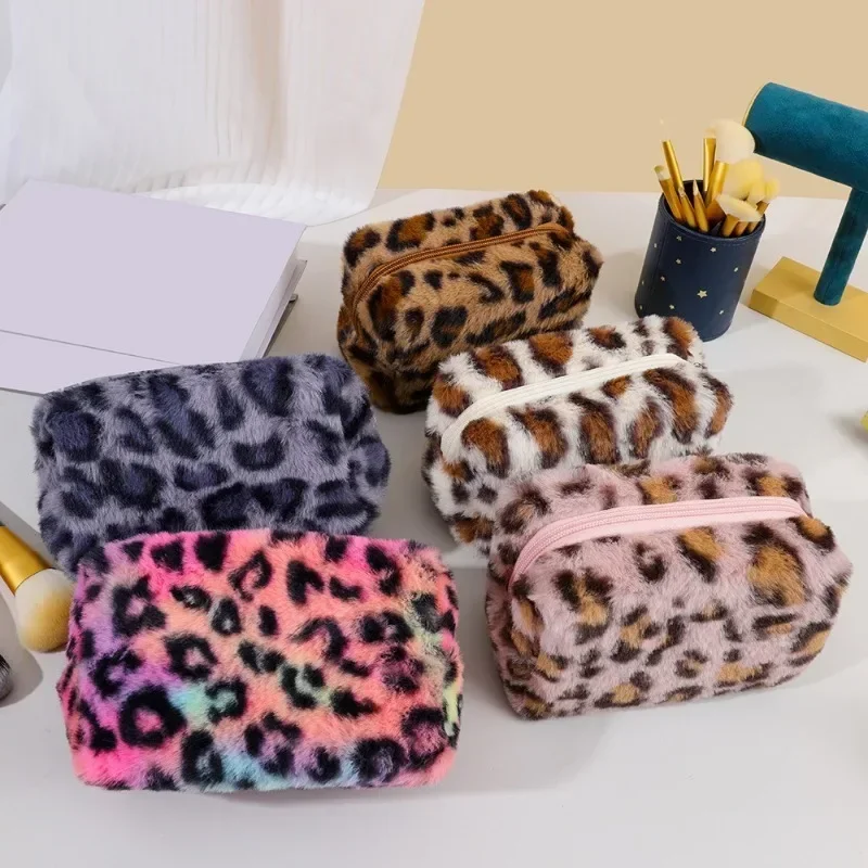 Leopard Fur Makeup Bags Soft Travel Women\'s Cosmetic Bag Organizer Case Lady Girls Make Up Bags Toiletry Handbags Case Kit