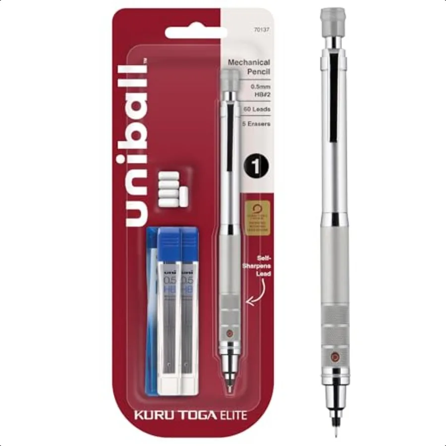 

Uniball Kuru Toga Elite Mechanical Pencil Starter Kit with Sier Barrel and 0.5mm Tip; 60 Lead Refills; and 5 Pencil Eraser Refi