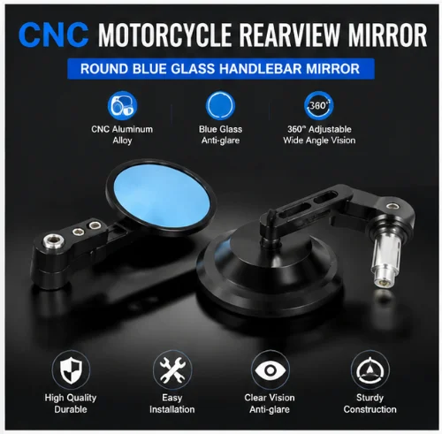 Universal Motorbike Large View Foldable CNC Bar End Mirror with Convex Anti-glare Lens for Enhanced Visibility