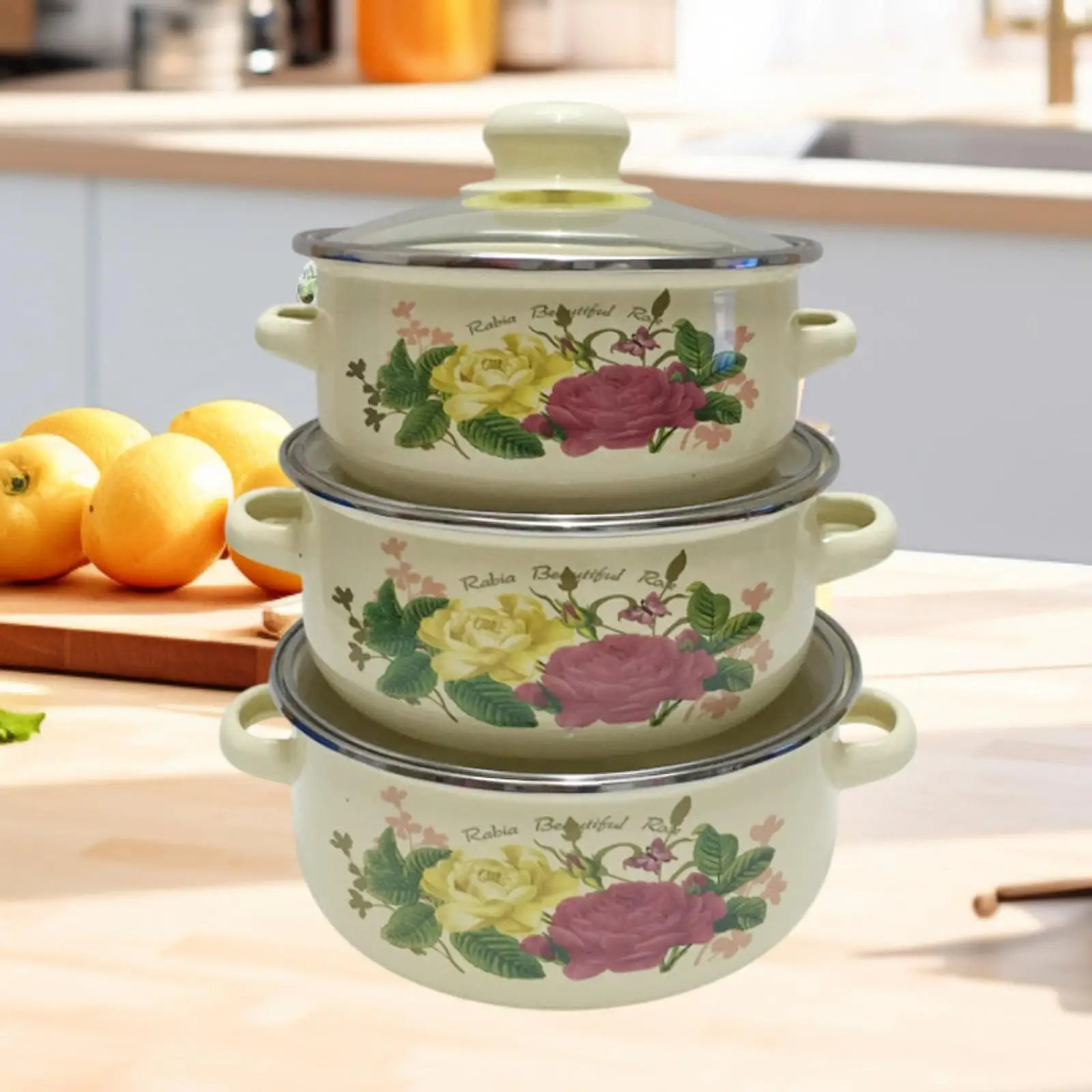 3 Pieces Enamel Stew Pot with Cover Home Simmering Pot for Kitchen Noodles