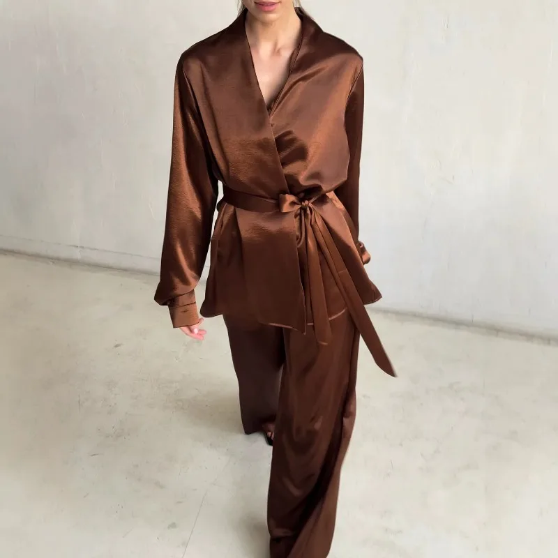 2026 New Women's Brown Satin Pajama Set with Lace-Up Design, Versatile Two-Piece Loungewear for Autumn in Europe and America