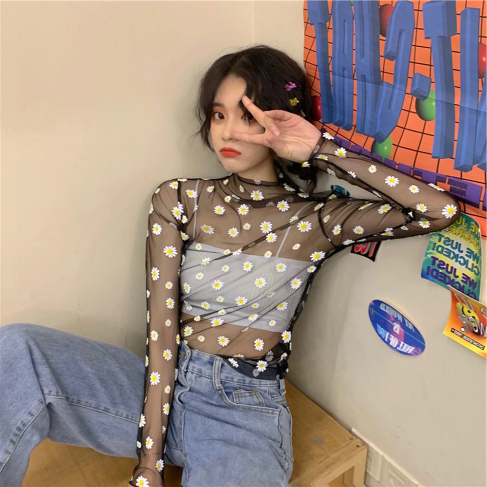 Fashion Transparent See Through Shirt Women Sexy Harajuku Mesh Tops Net Undershirt Star Base Top Camisas Femininas Clubwear