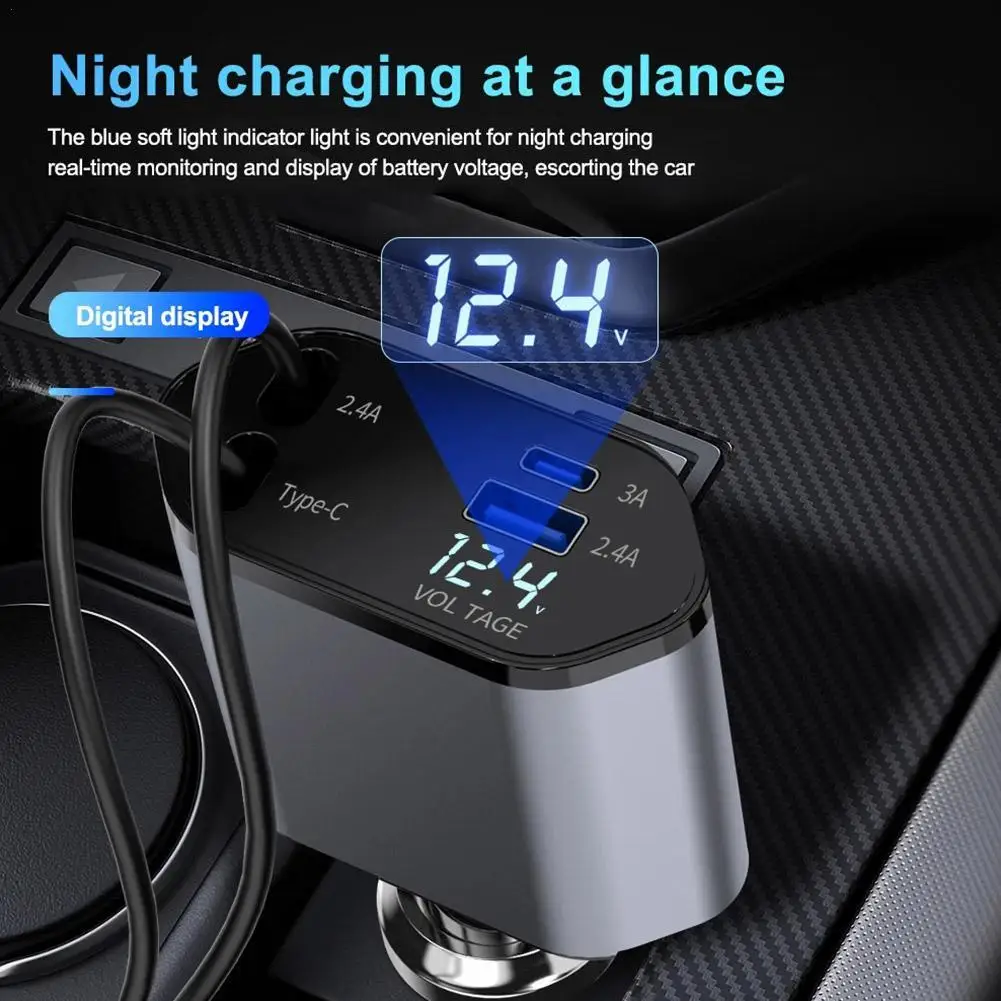 4 In 1 Retractable Car Charger USB Type C Cable For IPhone Fast Charge Cord Cigarette Lighter Adapter