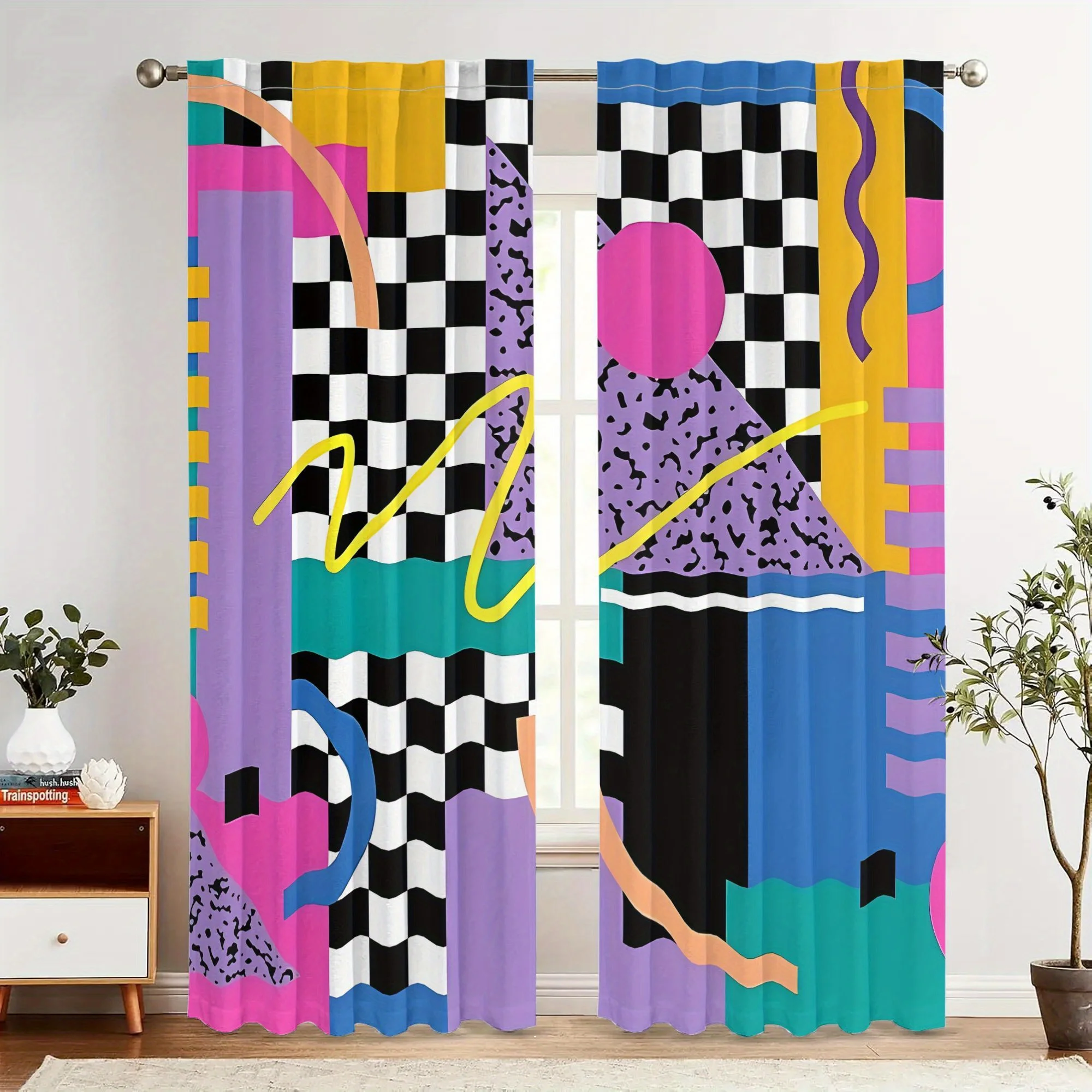 Retro Memphis Style Curtain, Colorful Geometric Abstract Window Drape, 80s Pop Art Pattern for Living Room Bedroom, Modern Decor