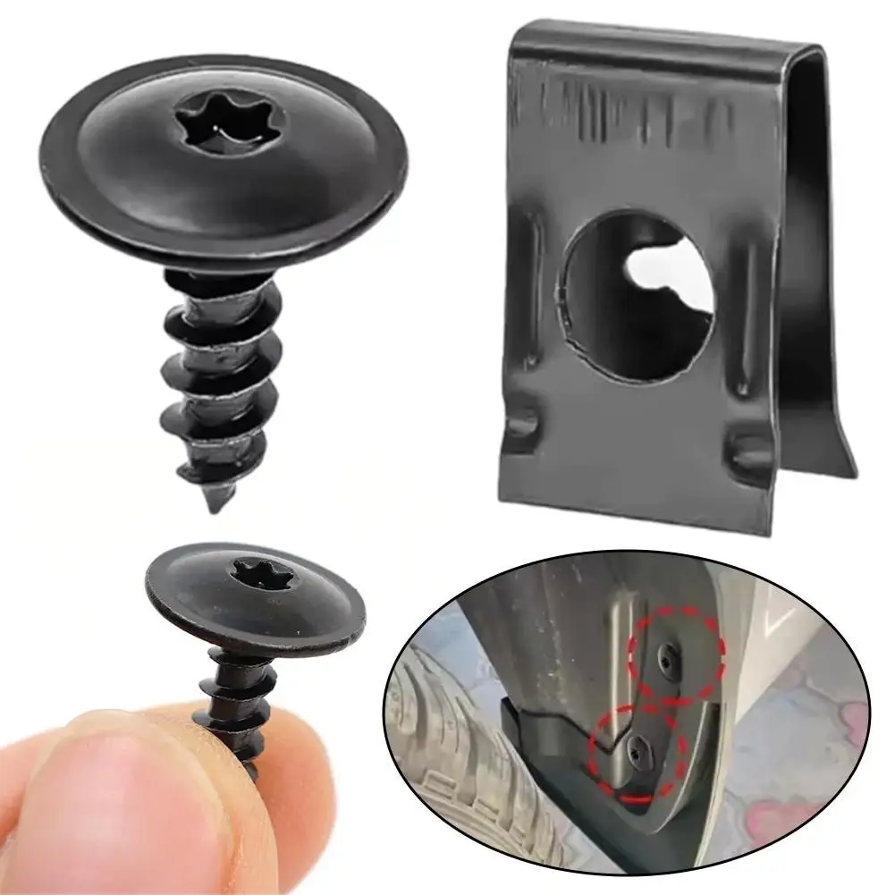 10-30pc Auto Universal Black Self-tapping Screws Plum Blossom With Pad U-shaped Clips For Car Bumper Mudguard Fender Base Fixed