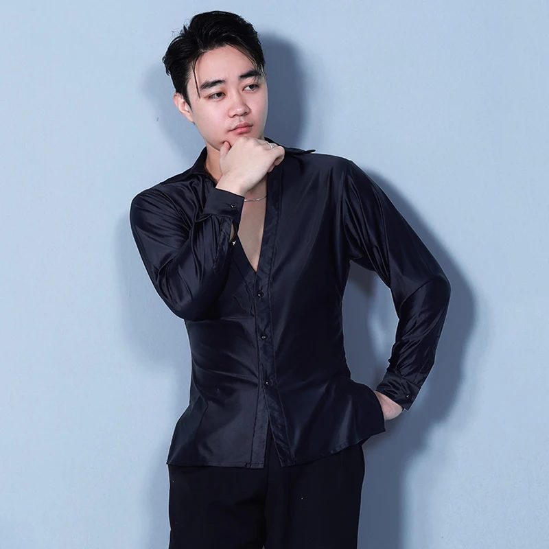 Latn Dance Competition Shirt For Men Satin Long Sleeve Top Male Tango Ballroom Dancing Performance Top White V-Neck Shirts 3624