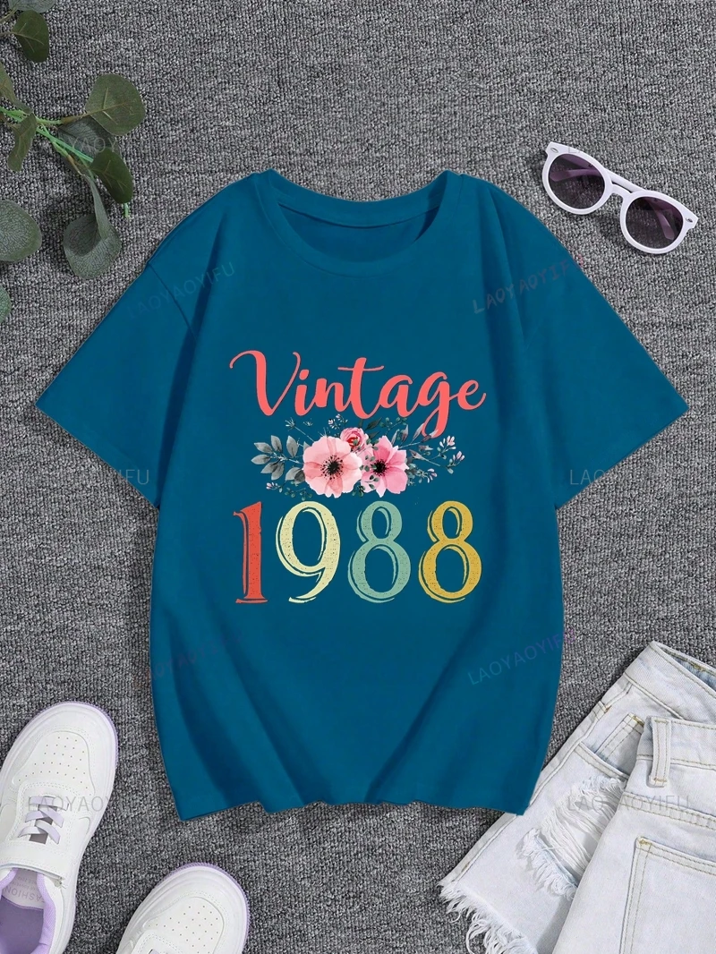 Souvenir Gift for 1988 Birthday, Vintage Style Patterned Top, Women's Fashion Short-sleeved Shirt,Everyday Street Cotton T-shirt