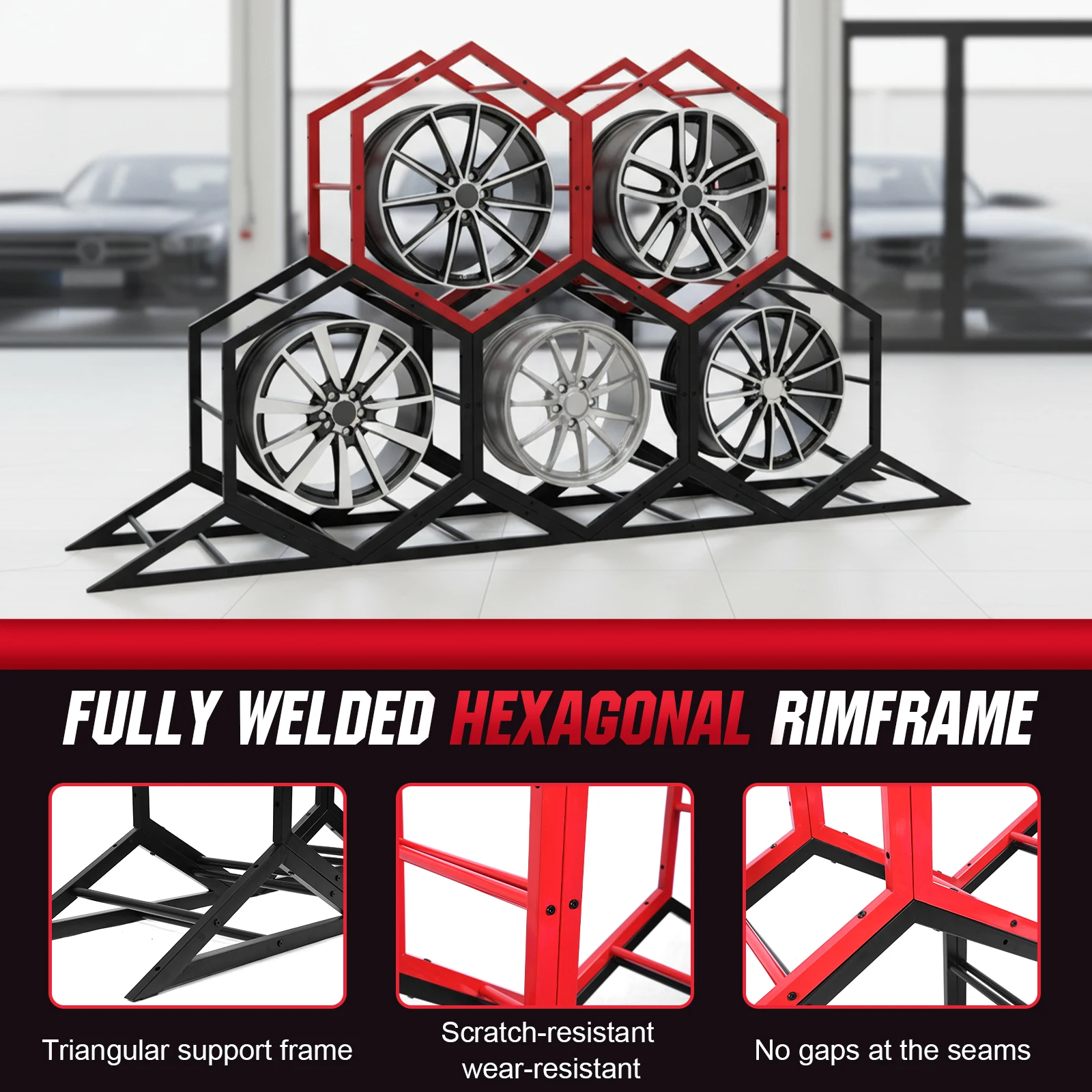 Adjustable Wall Mount Triangle Hexagon Small Tire Display Rack Heavy Duty Steel Spare Tyre Organizer for Indoor Outdoor Use