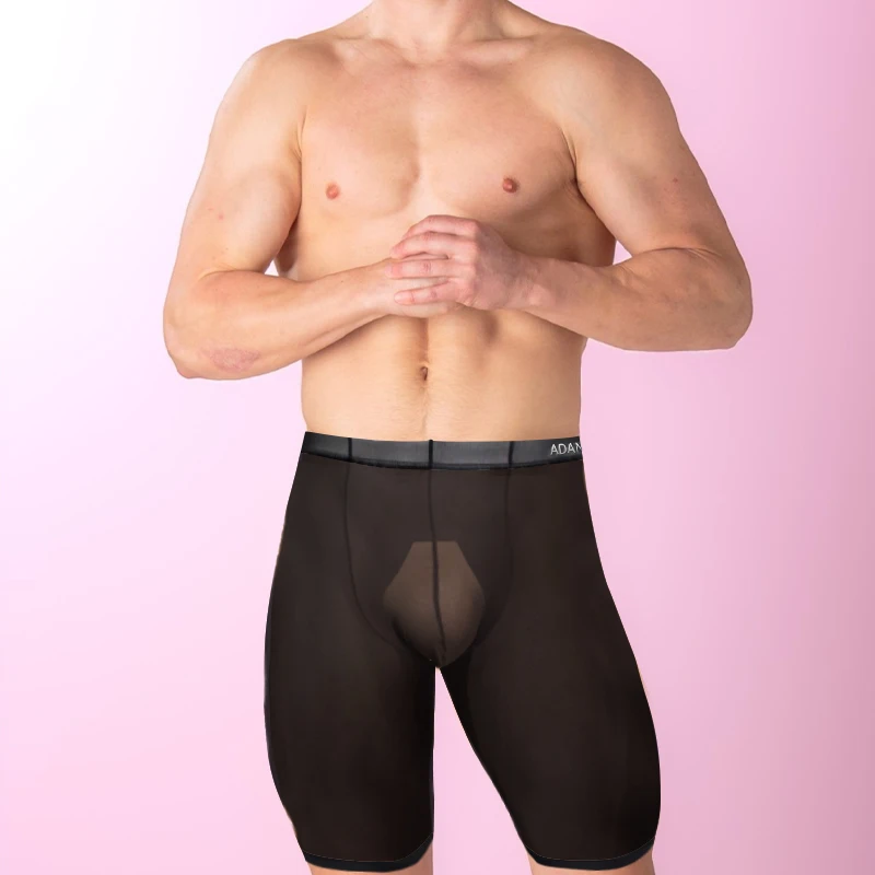 

Мужское нижнее белье, длинные боксеры, сексуальные прозрачные спортивные штаны из ледяного шелка для фитнеса, мужская дышащая быстросохнущая одежда для бега