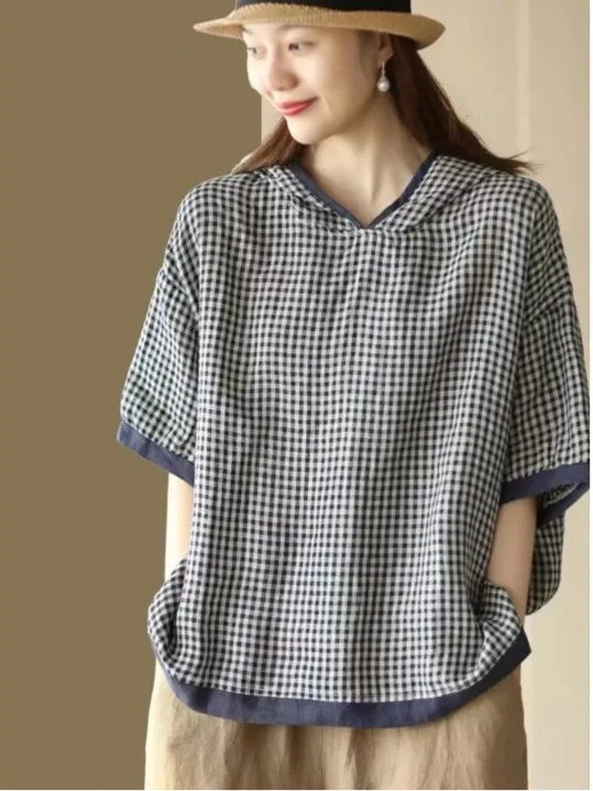 Zomer 2025, nieuwe vintage geruite dames-T-shirt met capuchon, zo, los, casual, anti-aging, high-end gevoel, irt