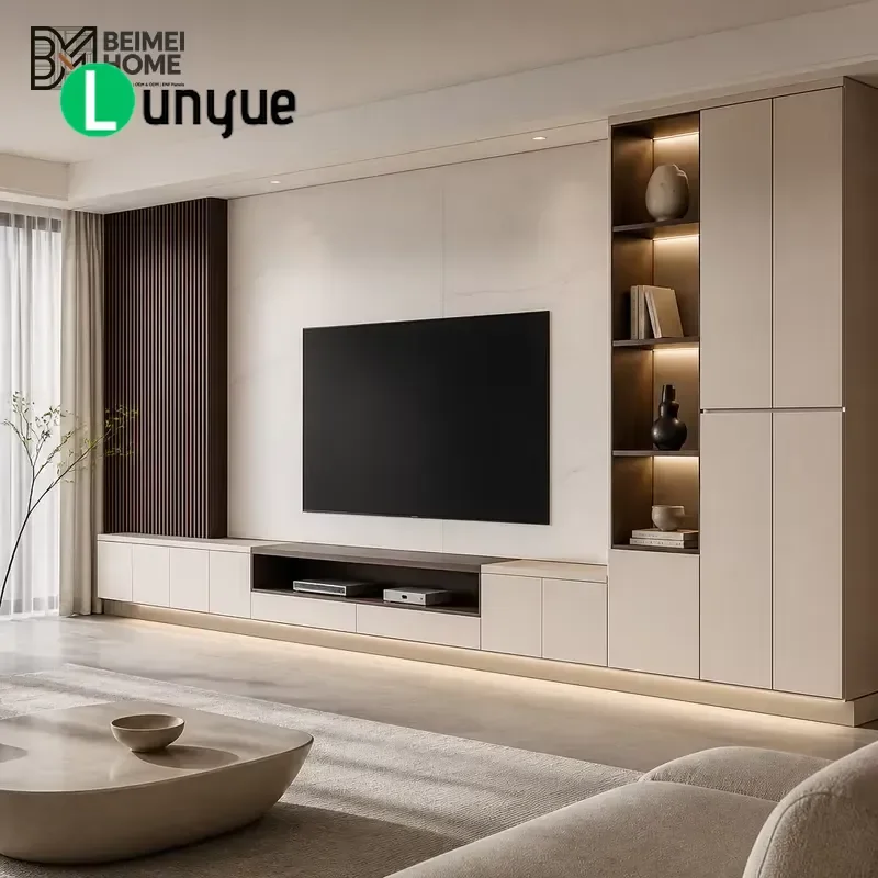 Modern Light Luxury Solid Wood TV Cabinet Built-in Wall Unit with Cream Locker Deep Walnut Board Display Stand for Living