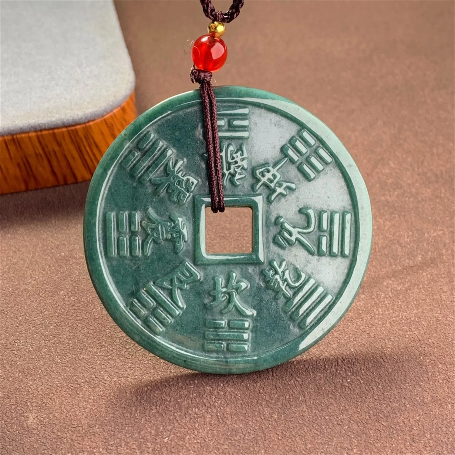 Genuine Grade A Jadeite Necklace Charm Old Blue Water Guatemalan Carving Mountain Ghost Coin Bagua Talisman Attract Prosperity