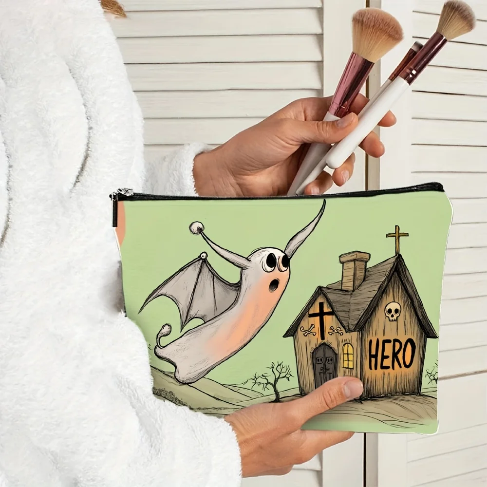 AGhost and Tombstone Cottage プリントメイクアップバッグ - 多機能ジッパーポーチ、ジュエリー収納バッグ、旅行に最適な小型ジッパーバッグ