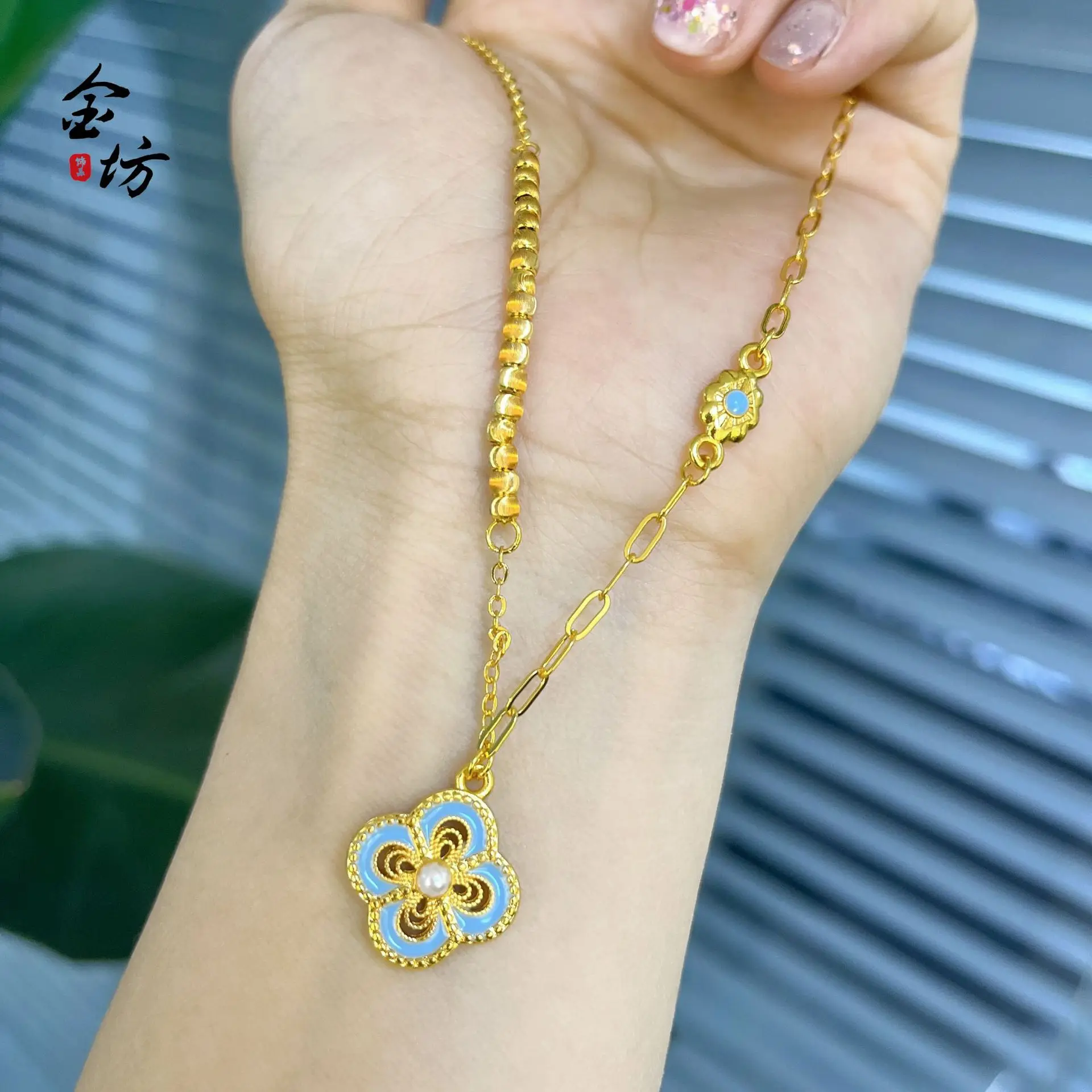 

9999 24K real gold Chinese enamel four-leaf clover pendant four-flower necklace for women high-end luxury necklace sweater chain