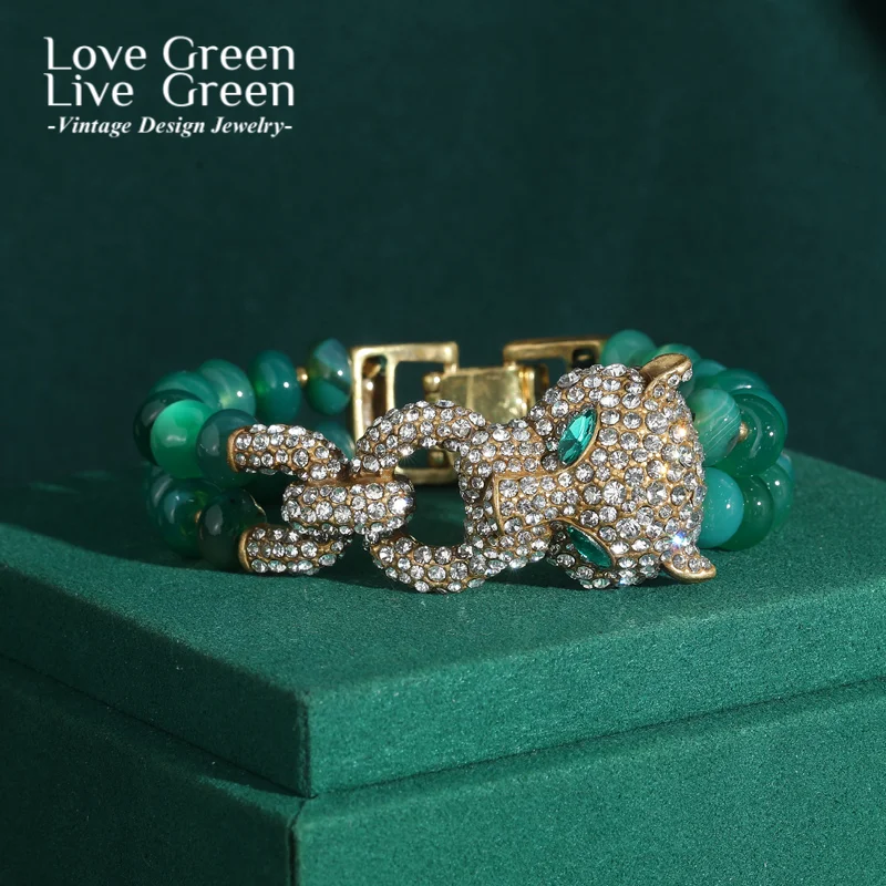 

Vintage Rhinestones Leopard Head Bangle Bracelet Natural Stones Raw Green Bead Silver Color Accessories Luxury Designers Jewelry