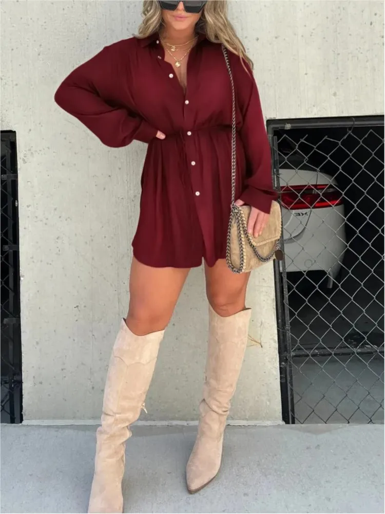 Autumn Women's New Fashion Solid Color Long Sleeved Single Breasted Lace Up Waist Cinching Shirt Short Pants Two-piece Set