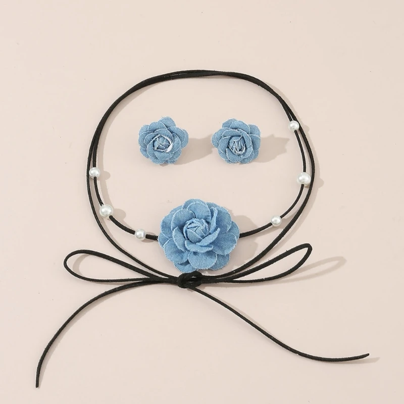 Flower Lace-up Choker Necklace with Earrings Denim Camellia-Bead Clavicle Chain  Dropship