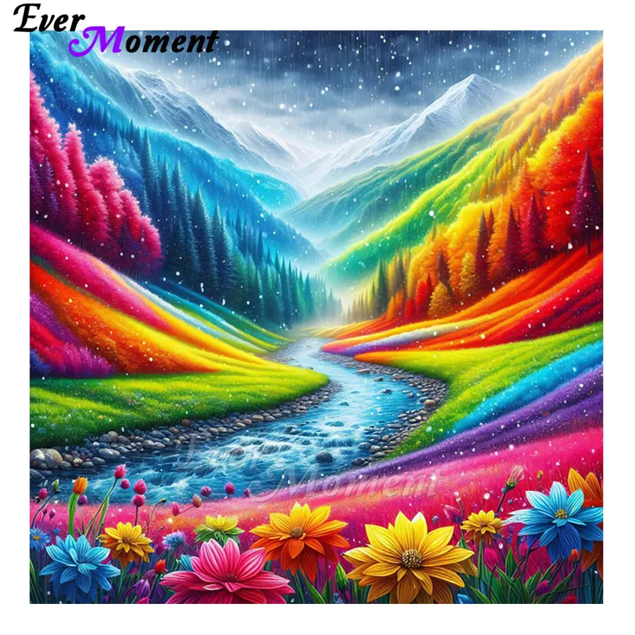 

Красочные цветы, горные деревья и река, алмазная вышивка крестом, набор для гостиной, спальни, декоративная живопись ASF2967