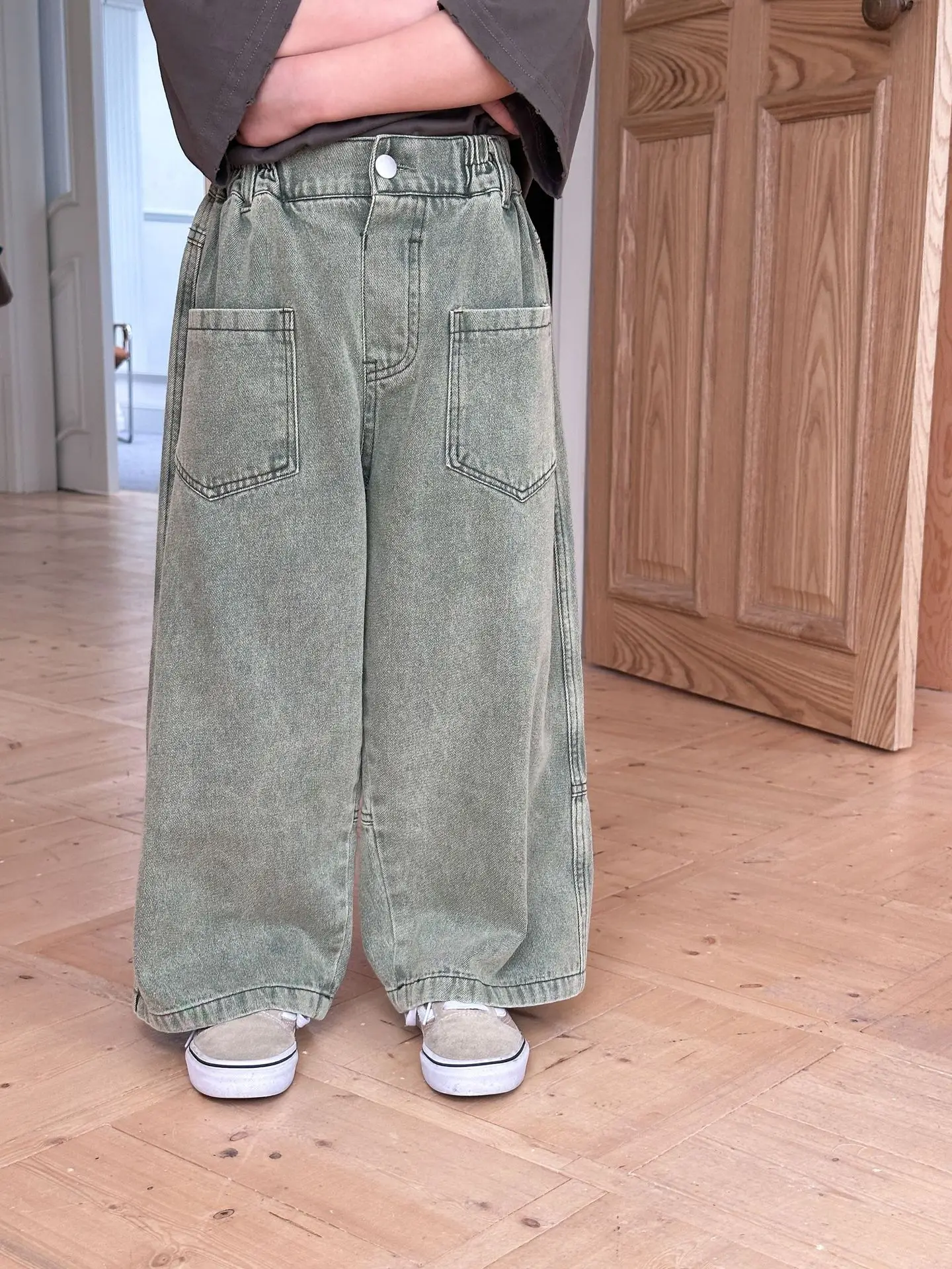 Baby Girl Pants Children Pants 2024 Autumn New Korean Children Straight Leg Jeans Boys Front Pocket Vintage Denim Pant