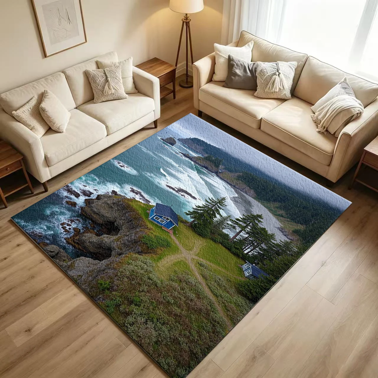 Ocean Cliff House Forest Coastal Landscape Carpet Flooring Nature Scenery Area Rug