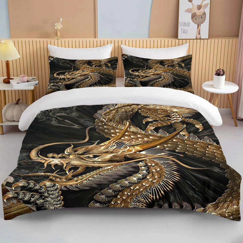 Chinese Dragon Bedding Set 3pcs for Kids Red Dragon and White Cloud Print Comforter Cover Mythology Microfiber Duvet Cover Set