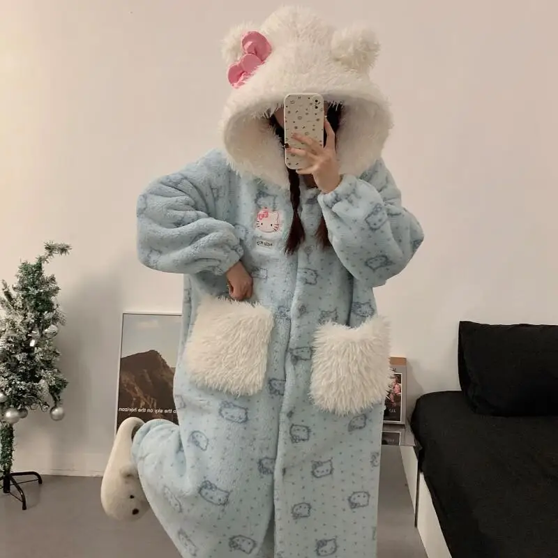 

Комплект пижамы Sanrio Hello Kitty в корейском стиле: халат и пижамные штаны с мультяшным принтом в горошек, синий, из кораллового флиса, для женщин, для дома и общежития, осень-зима