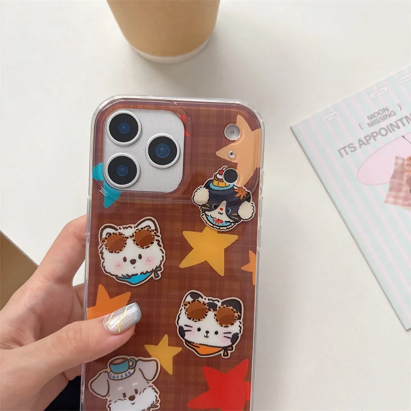 Kawaii الكرتون الكلب الحيوان ستار قضية الهاتف آيفون 17 برو 16 15 14 برو ماكس غطاء مع سلسلة للصدمات لطيف واقية C