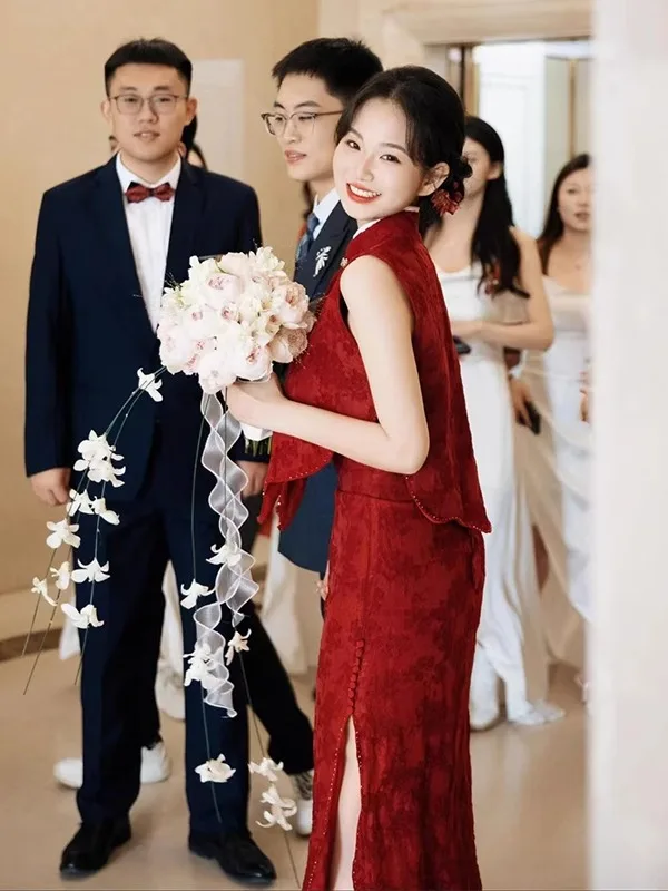 

Красное свадебное платье в китайском стиле для невесты: наряд для помолвки и банкета, ретро-платье на молнии