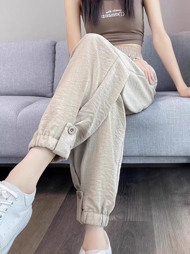 

Casual Cotton Linen Nine-Point Harlan Pants Women Summer Thin Loose High Waist Drapey Workwear Rutabaga Pants Harlan Trousers