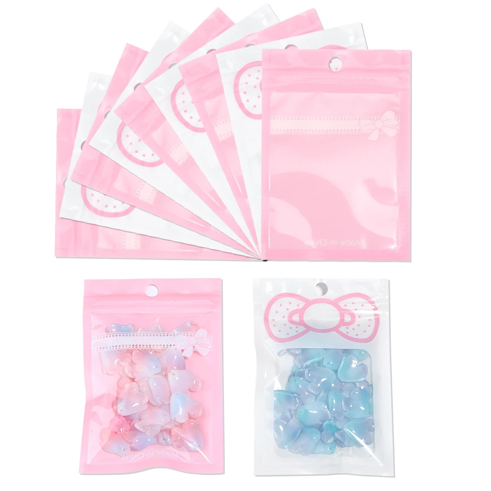 20Pcs/Lot Transparent Plastic Gift Bag Diy Charm Jewelry Storage Display Pink Bow Pattern Multi size Zip Compression Opp Bag