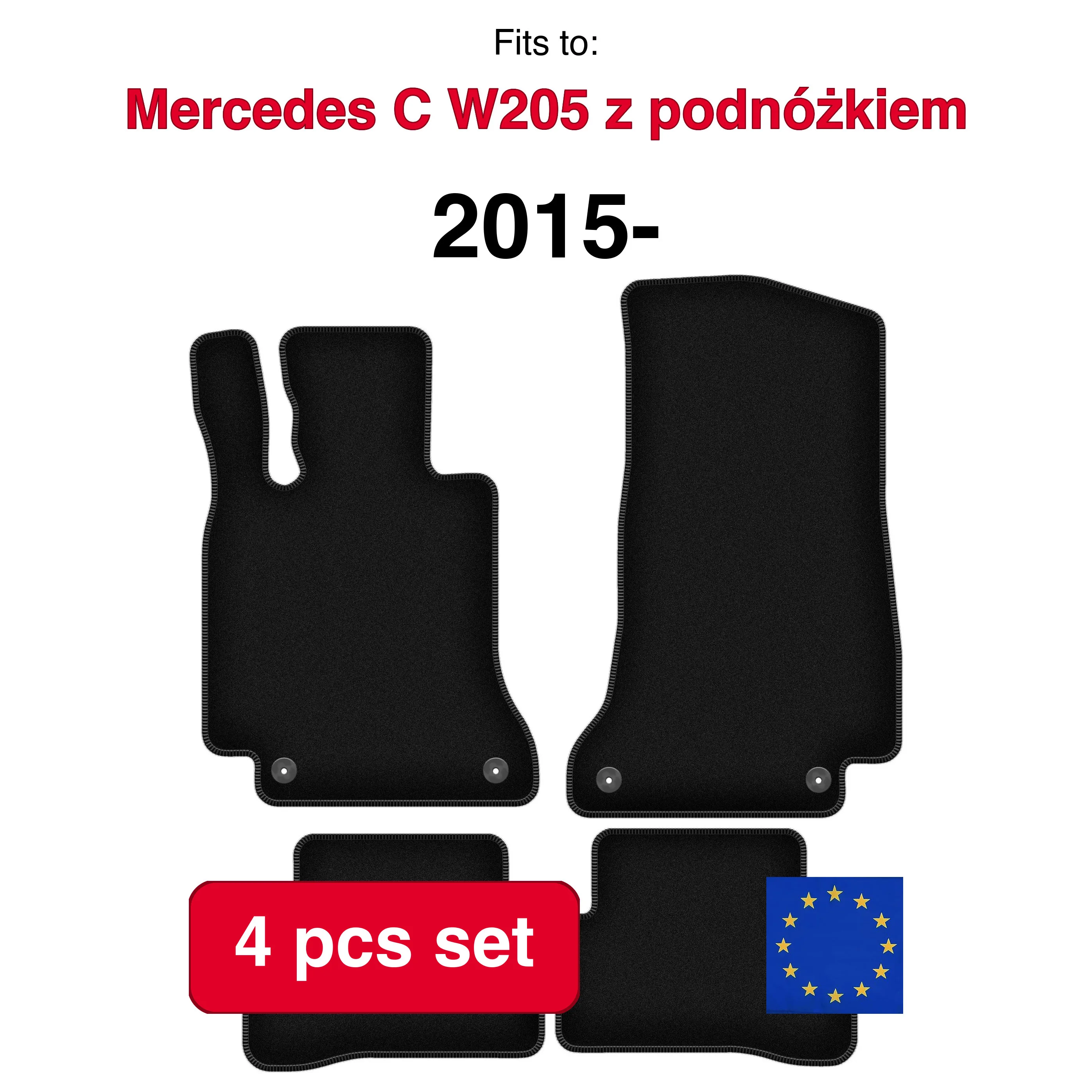 Image of Veloursteppich-Set für Mercedes C W205 mit Fußstütze, Kombi-Limousine (2015-) - Schwarz (4 Stück), passgenaues Auto-Fußmatten-Set