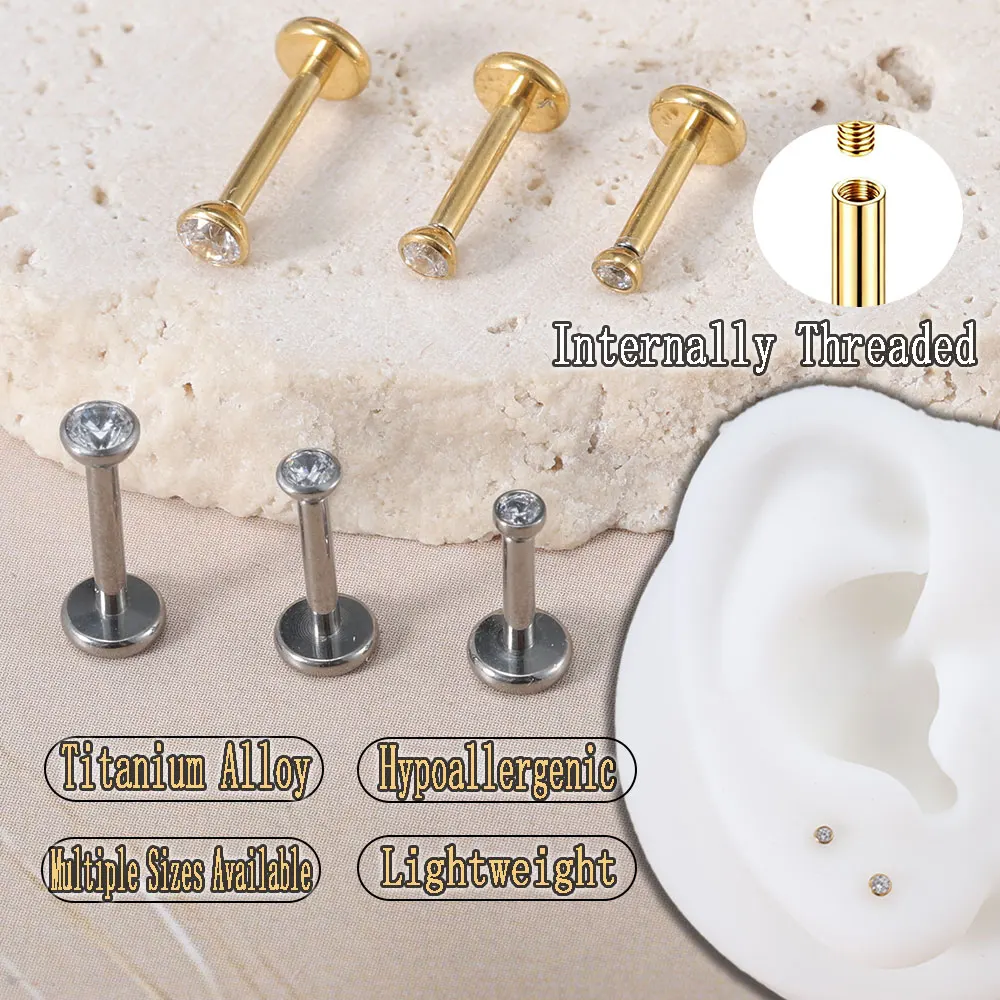 100pcs/lotF136 Titanium Internally Threaded Labret Studs Hypoallergenic Multi‑Size Piercing Jewelry Minimal Unisex Ear Lip Studs