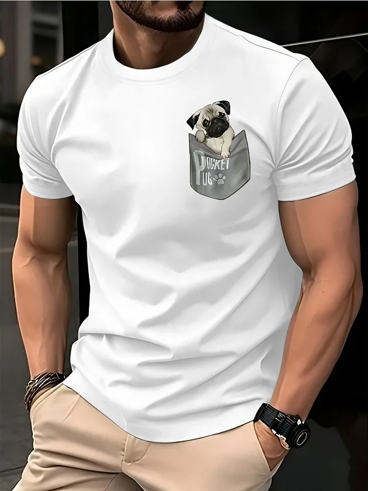 Mens White Short Sleeve Tee Pocket Pug Cute Dog Graphic Crew Neck Lightweight Daily Summer Casual Tops For Pet Lover Adult Male