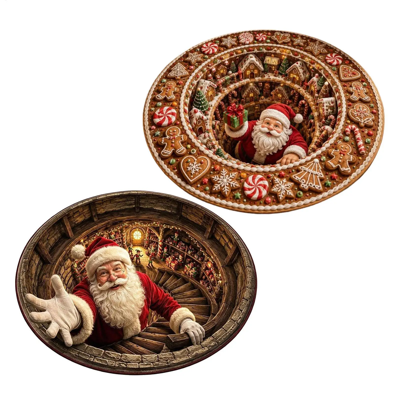 Non Slip Round Optical Illusion Christmas Rug Santa Claus Decor Floor Mat Wear Resistant Carpet Entryway Porch Xmas Decoration