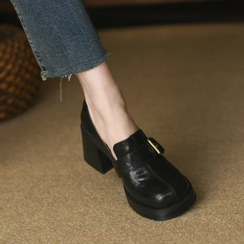 Retro French Style Women Pumps Sqaure Heel Sheepskin Buckle Loafers Slip On Spring Autum Vintage Pumps Round Toe Shoes Woman