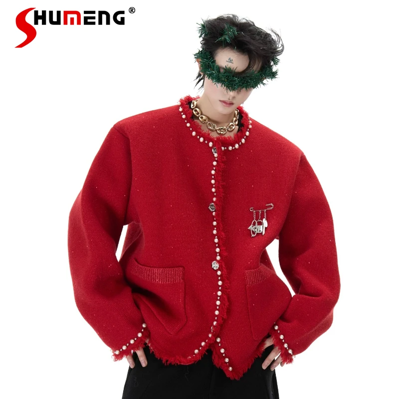 

Осень-зима 2022, новая мода, украшенный жемчугом, свитер, булавка, элегантные легкие роскошные вязаные пальто, однотонные трикотажные изделия с длинными рукавами