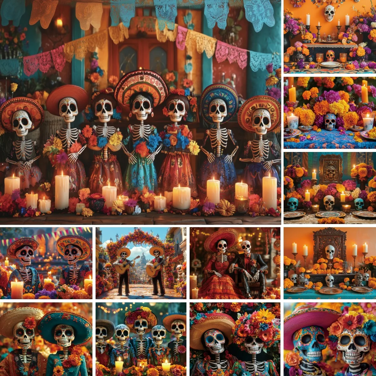 Mexican Carnival Day of The Dead Backdrop for Halloween Party Colorful Flowers Skull Fiesta Cinco DeMayo Photography Background