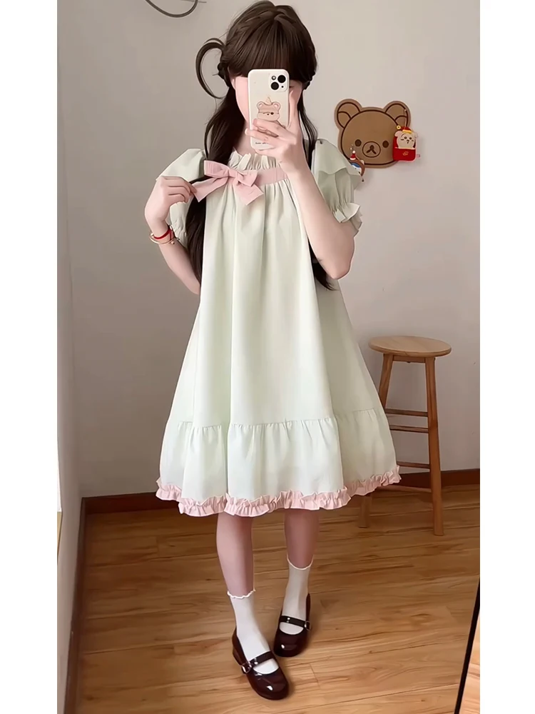 Japoński styl Lolita nowa różowa i zielona sukienka dla lalek w kontrastowym kolorze kokarda w stylu vintage słodkie świeże sukienki księżniczki z krótkim rękawem