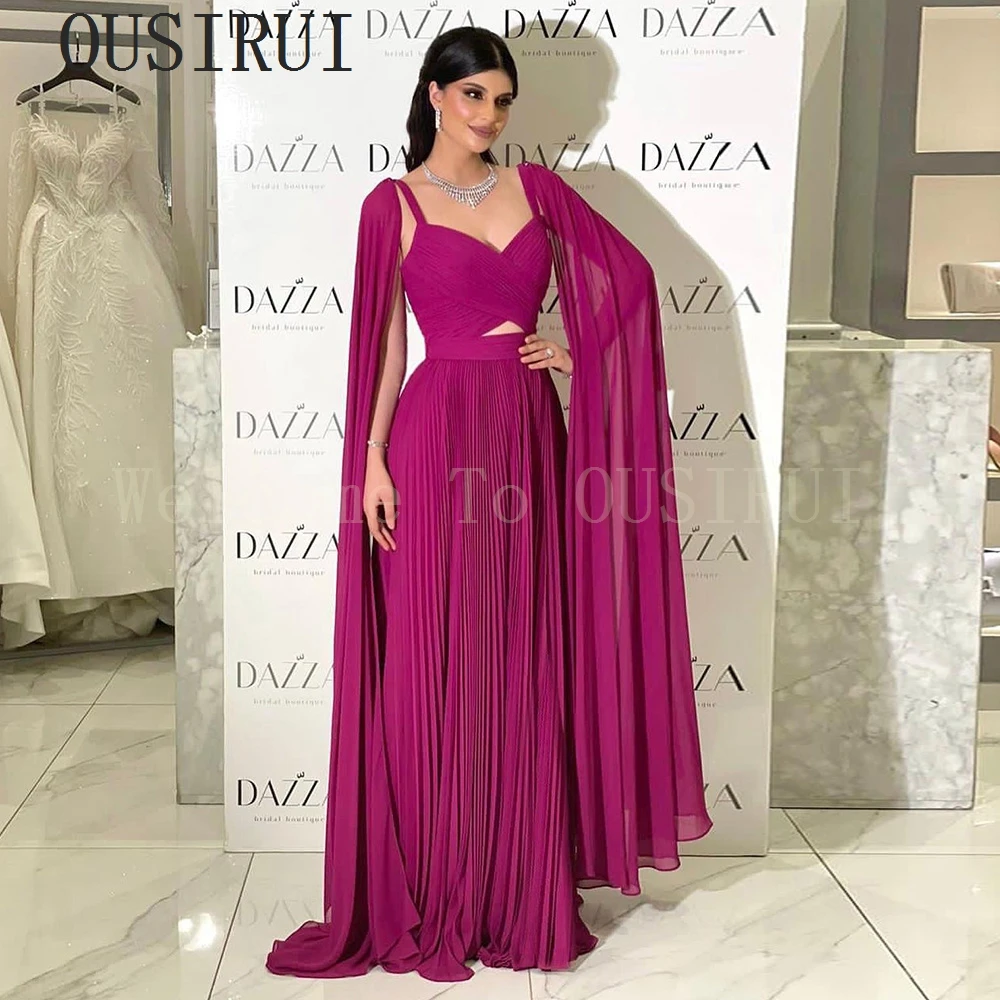 

OUSIRUI Elegant Fuchsia V-Neck A-Line Pleated Floor Length Zipper Back Prom Dresses robe de soiréefor Women Celebrity Desses