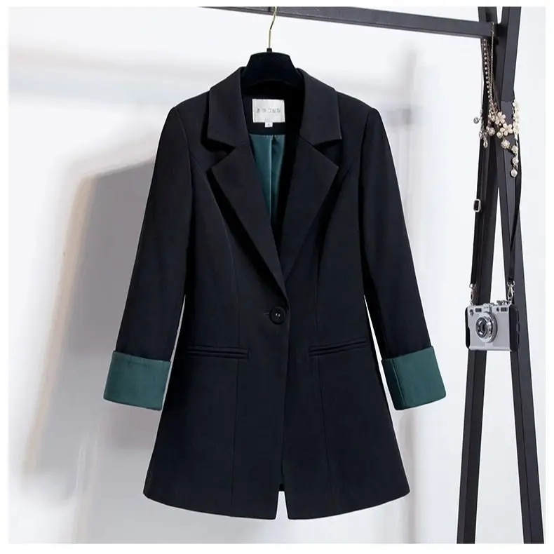 Blazer negro de manga larga para mujer, traje coreano elegante, ropa de oficina para mujer, chaqueta delgada, Tops de primavera y otoño