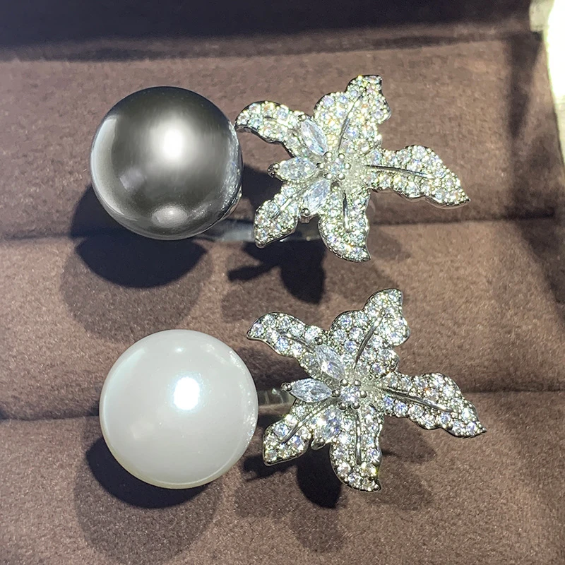 Huitan Luxury Simulated Pearl Ring Sparkling Flower with CZ New Fashion Women Opening Adjustable Rings Wedding Trendy Jewelry
