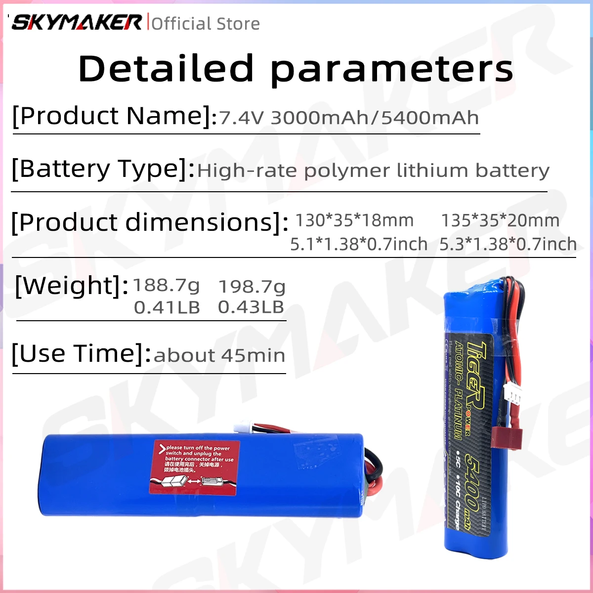 7.4v 3000mah 5400mah high-rate lithium battery provides a strong power for driving the motor for wltoys 104010 104026 104020