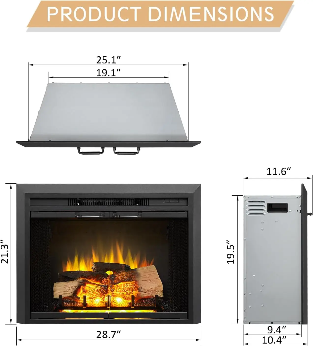 Inserto de chimenea eléctrica de 28 "W con puerta de vidrio y pantalla de malla, calentador de 750/1500W, sonido agrietado de fuego, Control remoto.