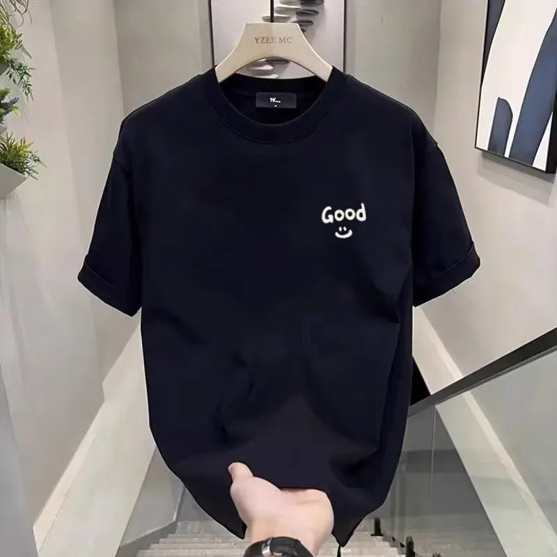 Men's T-shirt, 100% cotton, printed smiley face and letter, versatile, loose fit, simple and comfortable.