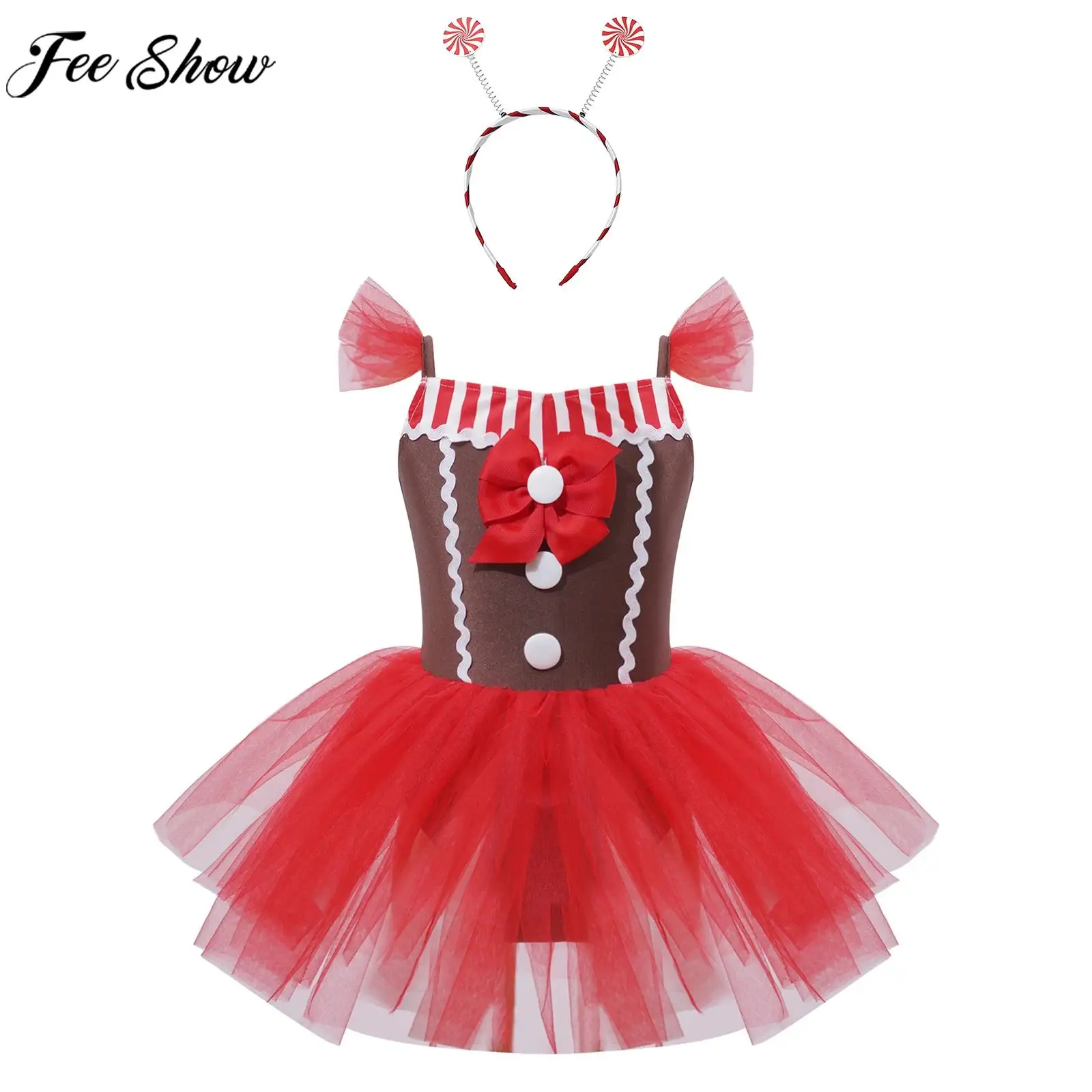 Kids Girls Christmas Gingerbread Man Cosplay Costume Ballet Dance Skating Tutu Leotard Dress with Candy Cane Lollipop Hair Hoop