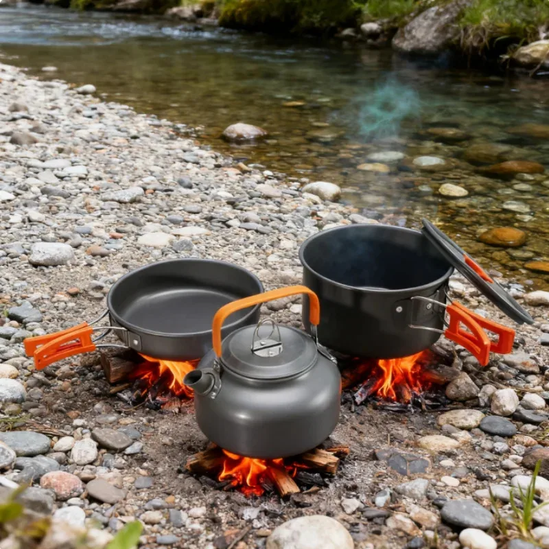 Outdoor 2-3 Person Portable Flat Bottomed Pan Frying Pan Camping Picnic Cookware Stove Head Cookware Non Stick Pan Set