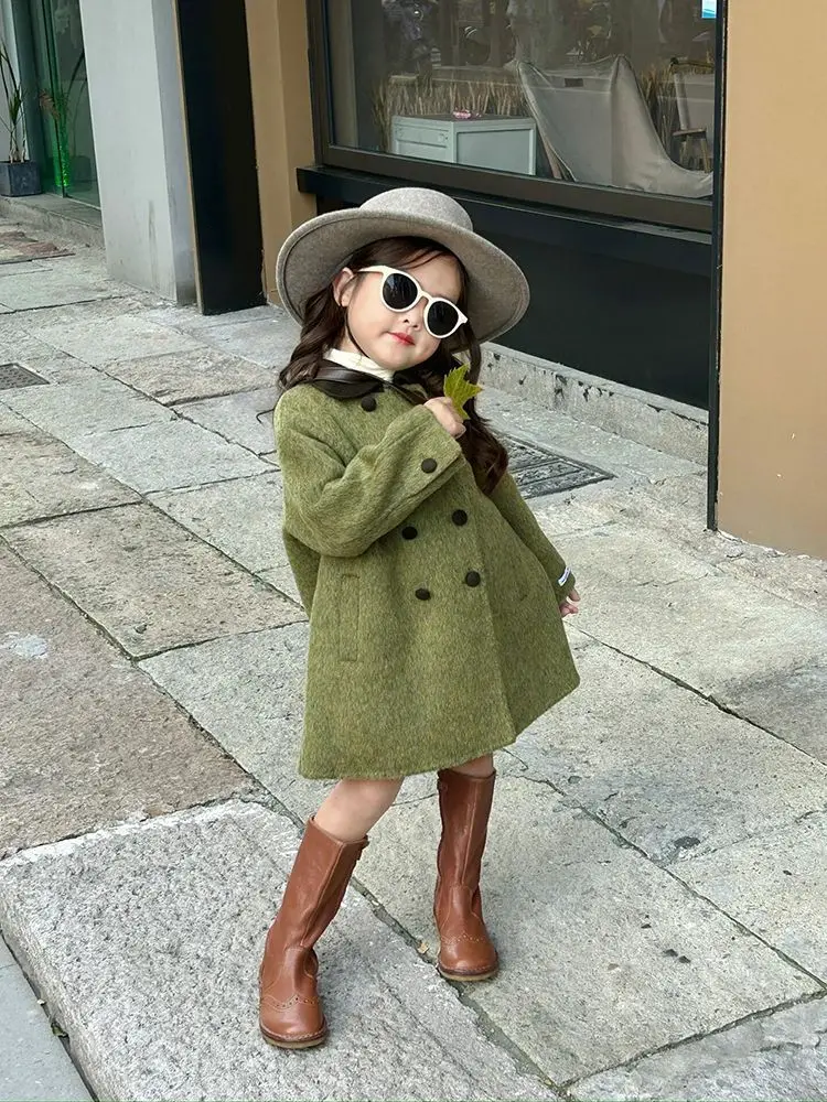 Japanese and Korean Style 2024 New Green Doll Collar Woolen Coat Girl Double-breasted Woolen Temperament Fashion Coat