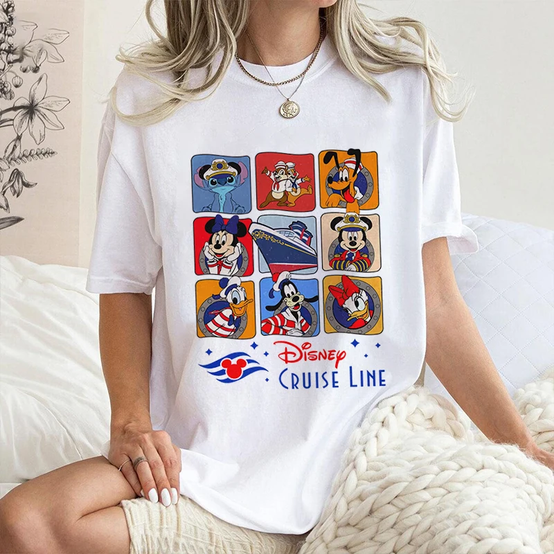 Cute Disney Cruise Line Mickey and Friends Printed Women's T-Shirt Pure Cotton Short Sleeve Casual Top Loose Clothing