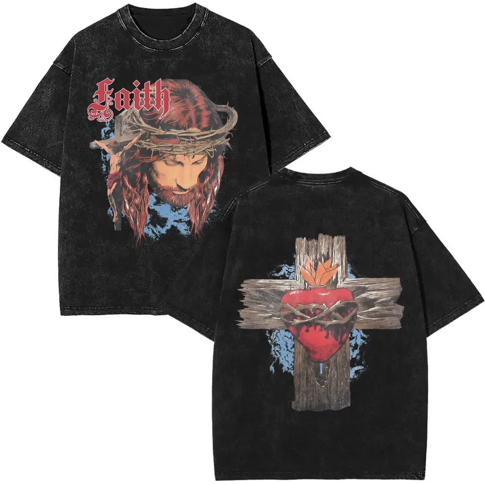 غسلها خمر المسيحية يسوع نعمة من الله الجرافيك تي شيرت الرجال النساء الملابس موضة عادية المتضخم Crewneck تي شيرت